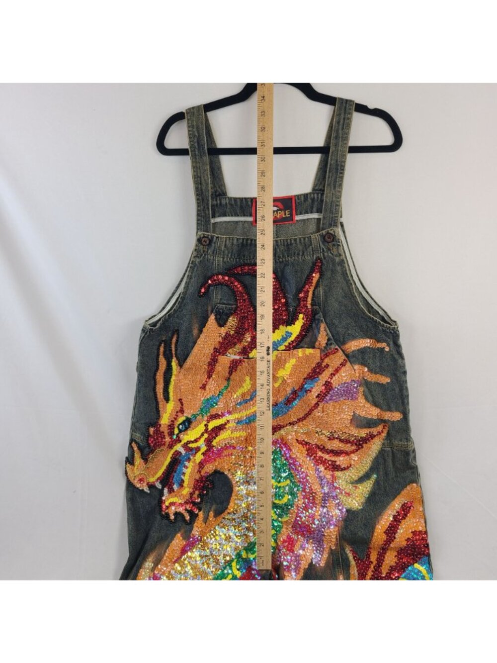 Kitmaple Denim Bib Overalls With Colorful Sequin Dragon Embroidery S-M - Picture 7 of 12